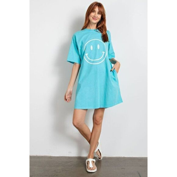 Easel Womens Smiley Face Happy Oversized Dress Top in Turquoise Blue S-L ED18419 - Picture 2 of 5